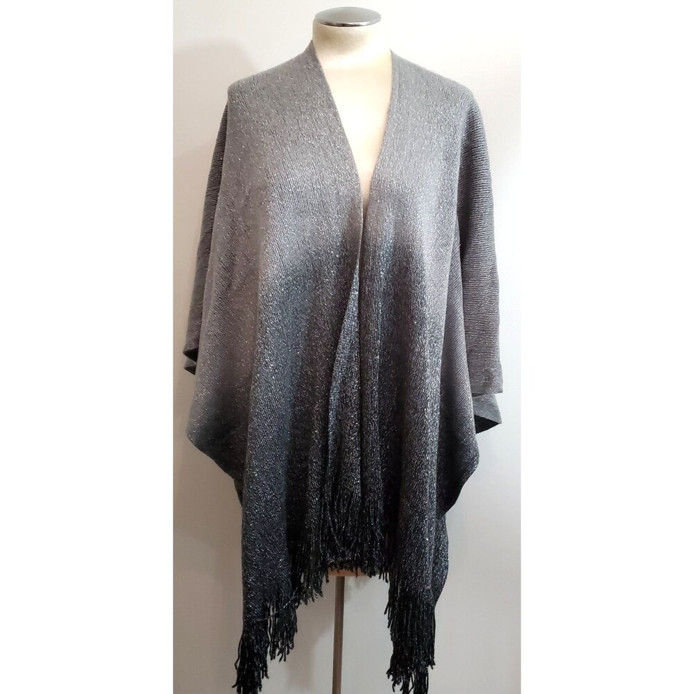 Just Jamie Shawl Wrap Open Side Kimono Gray Knit Ombre Metalic Fringe Soft Warm